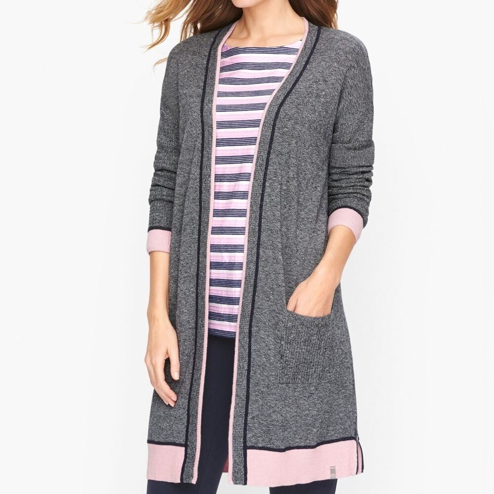 T by TALBOTS Mixed Texture Marled Cardigan Women's S Pink/Black/Grey Long Cozy